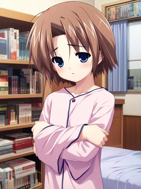 <lora:Shiki_Akimi:0.8>sShikiAkimi, 1boy, otoko no ko, solo, blue eyes, bed, brown hair, short hair, long sleeves, book, crossed arms, pajamas, indoors, bookshelf, bedroom, pillow,
masterpiece, high quality, very_high_resolution, large_filesize, full color,