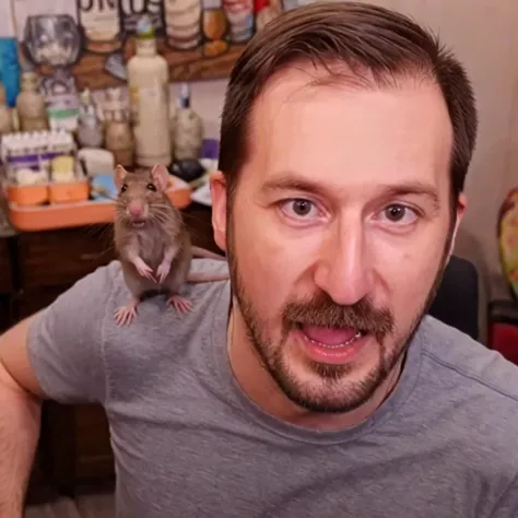 arafed man with a rat on his shoulder in a kitchen