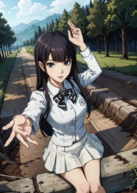 masterpiece, best quality, best artist, 4k wallpaper, 1girl, tougou hifumi, white shirt, tennis skirt, looking at viewer, solo, (beckoning:1.5), (dirt road:1.5), <lora:Persona5TougouHifumiCharecter_v10:0.7>