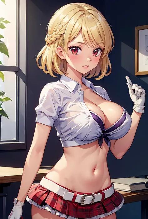 (masterpiece, best quality), 1girl,  <lora:BaratoReiko:0.8> BaratoReiko, 1girl, solo, short hair, plaid skirt, blonde hair, large breasts, white shirt, red eyes, gloves, navel, cleavage, braid, short sleeves, midriff, collared shirt, white gloves, miniskir...