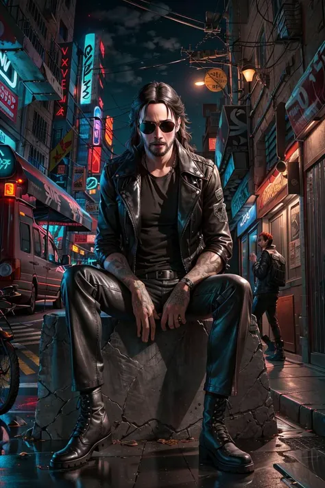 (portrait), (Keanu Reeves as Johnny Silverhand), ((long hair)), punk rock metal influence, matte aviator glasses, black pants, biker boots, (leather jacket with cut off sleeves), patches, (cyberpunk night city background), dramatic lighting, masterpiece