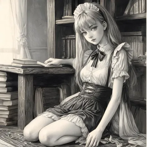 anime style, illustration, oil painting, analog style, realistic, photorealistic girl,beautiful angelic face,
wearing a maids skirt and apron,stockings,high heels,topless,
in a victorian study with books and bookcases,old wooden floor,
85mm Nikon lens,
Cha...