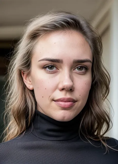 A stunning intricate color close up portrait of (alanahpearce-ti:1) , wearing black turtleneck, epic character composition, sharp focus, natural lighting, subsurface scattering, f2, 35mm, film grain, , by Edward Weston