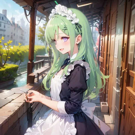 <lora:ennafol_v2:1>1girl,solo,bangs,ennafol,best_quality,green_hair,masterpiece,purple_eyes,very_long_hair,outdoors,:D,indoors,maid,maid headdress, maid apron, from_side,smile,looking to the side, looking away, flat chest,