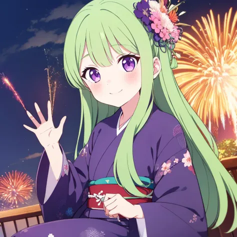 <lora:ennafol_v1-1:.8:lbw=OUTD>,1girl,solo,best_quality,masterpiece,purple_eyes,(very_long_hair),bangs,outdoors,night, clouds,fireworks,kimino,obi,japanese clothes, yukata,smile,blush,wide sleeves,waving, green_hair,hair_flower,floral print, sitting,from_a...