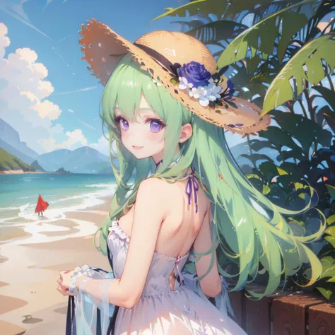 <lora:ennafol_v2:1>,1girl,solo,best_quality,masterpiece,purple_eyes,very_long_hair,ennafol, flat chest,green_hair,hair_flower, outdoors,upper_body,beach, sleeveless, bare_hands,bare shoulders,straw_hat,looking_away,strapless, ribbon, short,looking at viewe...