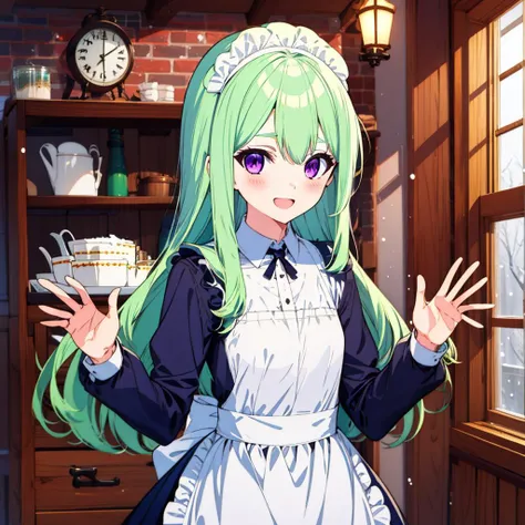 <lora:ennafol_v2:1>1girl,solo,bangs,ennafol,best_quality,green_hair,masterpiece,purple_eyes,very_long_hair,:D,blush,waving,indoors,maid,maid headdress,maid apron, winter,snow, flat chest,vivid_colors,sunny,petite,