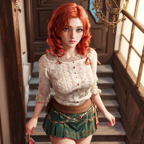 ((best quality)), ((highly detailed)), masterpiece, (detailed eyes, deep eyes), (1girl), top view, looking at viewer, looking up, cowboy shot, ((kilt)), red head, ginger hair, vibrant green eyes, ((freckles)), (body freckles), (indoors, at a stairway), ((<...