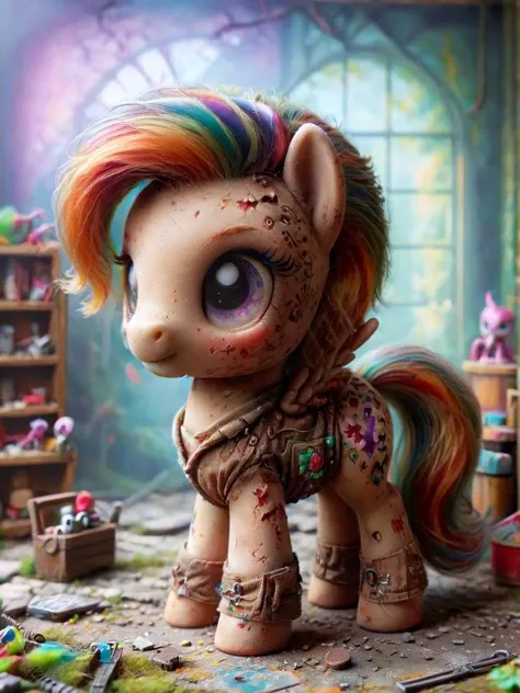 a close up of a pony with a colorful mane and a lot of paint on it