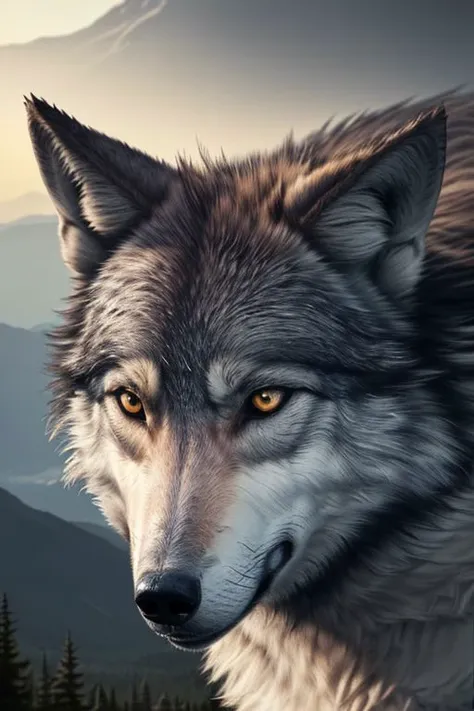 a close up of a wolf with a mountain in the background