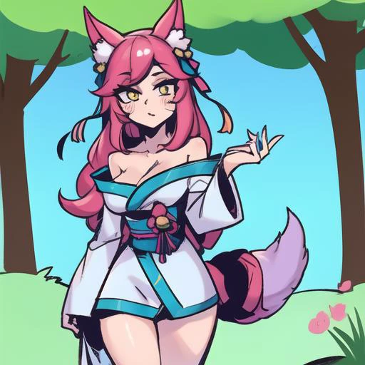 1girl, spirit blossom \(league of legends\), cowboy shot, foxgirl, fox ears, fox tail