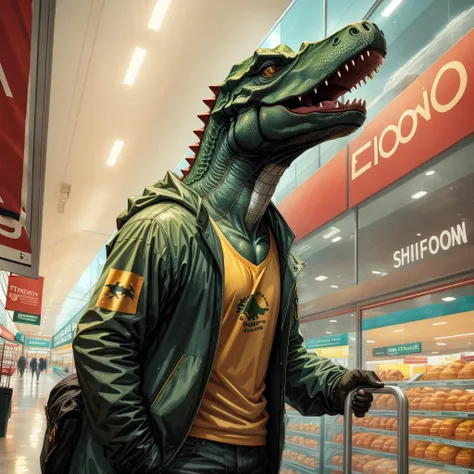 <lora:GraphicNovel:1> a dinosaur in a shopping mall