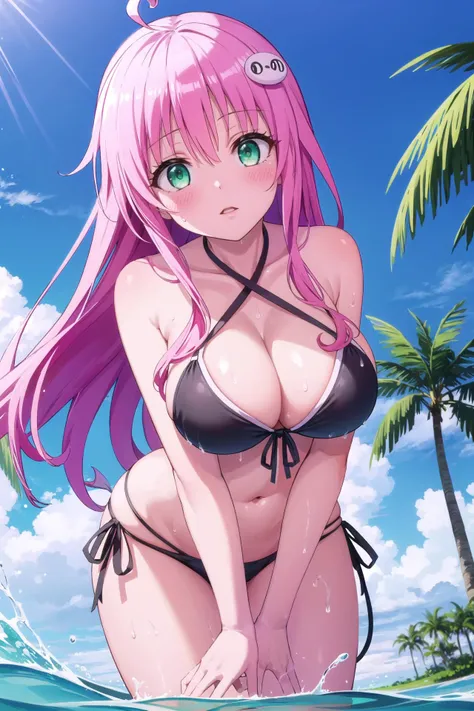 masterpiece, best quality,
1girl, solo, 
<lora:lala deviluke darkness-lora-nochekaiser:1> lala deviluke, lala satalin deviluke, green eyes, eyelashes, pink hair, long hair, straight hair, ahoge, hair ornament, tail, demon tail, large breasts, 
outdoors, oc...