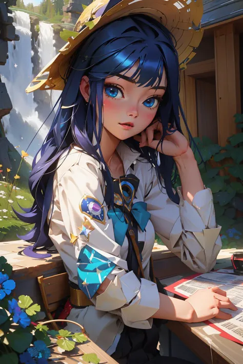 anime girl with blue hair and a hat sitting at a table