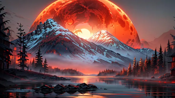 a painting of a mountain with a red moon in the background