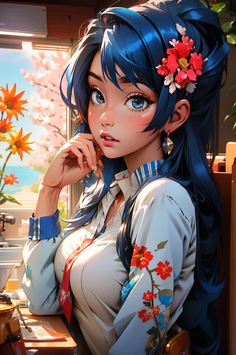 a close up of a woman with blue hair and a flower in her hair