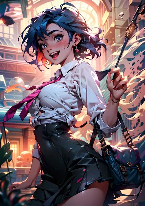 anime girl with blue hair and a white shirt and black skirt