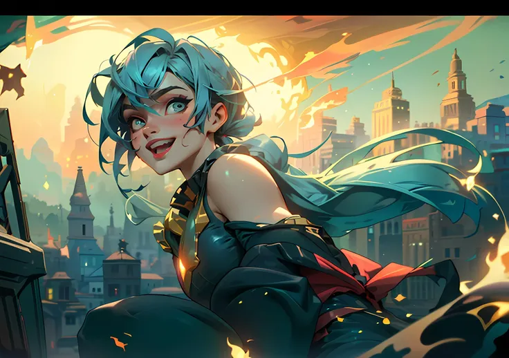 anime girl with blue hair and a black top sitting on a ledge