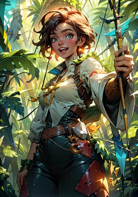 a woman in a jungle holding a bow and arrow