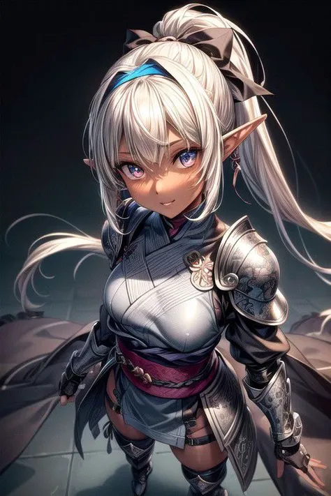 , 1girl,ponytail, (Grey eyes Gray eyes),<lora:GoodHands-vanilla:1>, kimono,blonde hair, <lora:Chole-10:0.9>, (Covered Body), Ponytail, hairband, (Medium), (Small), (blue dress, fur trim, armor, fingerless gloves, sash, brown boots), happy smile,brown skin,...