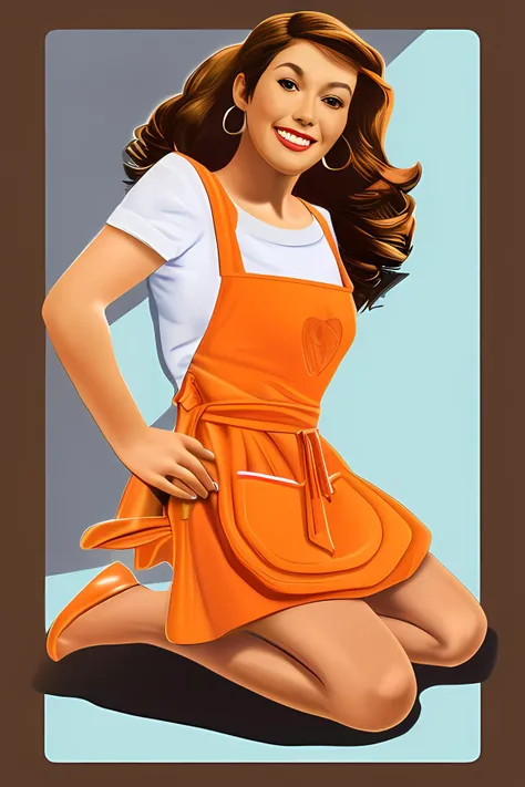 StefanoRiboli_ArtStyle, woman kneeling, tight orange shirt, smiling, small white apron, long brown hair, plain balckground,
<lora:StefanoRiboli_ArtStyle:1>