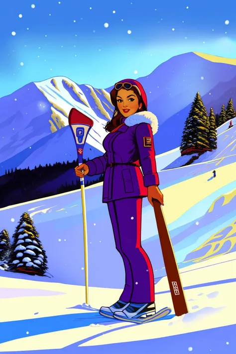 skier in purple outfit standing on snowy slope with ski poles