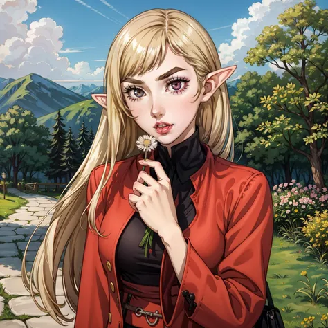 <lora:AromaStyle-V9:0.5>, blonde hair, long bangs,   1girl, very long hair, thick eyebrows,  pointy ears, elf,  huntress outfit,  nature, outdoors, scenery,  makeup, long eyelashes, stone wall,  holding flower, dandelion, smelling , looking away, 
masterpi...