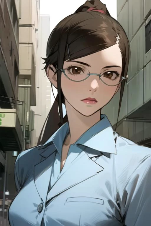 masterpiece, best quality, sketch, 1girl, solo, looking at viewer, upper body, , , realistic, <lora:misaki_kirihara:0.74>, misaki_kirihara, brown hair, brown eyes, glasses, ponytail, business attire, , science fiction dystopian, 2k resolution