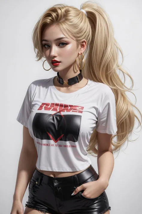 1girl, (wearing T-shirt, hot pants), (long ponytail, blonde, red lips), hoop earrings, black collar, white background <lora:add_detail:0.5> <lora:boldline:0.2>