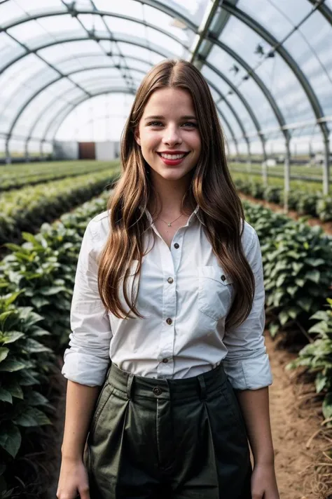 photo of beautiful (V4n3ss4M10v10-130:0.99), a woman, perfect hair, laughing, (modern photo), wearing (a Button-up shirt and khaki trousers) with watch, portrait, 85mm, (analog, cinematic, film grain:1.3), (Martian Agricultural Dome, Dome with hydroponic f...