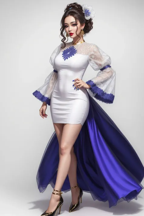 full body shot, 1girl, painted lips, makeup, wearing a dress with bell sleeves, shoes, white background, hyper realistic <lora:add_detail:0.5> <lora:boldline:0.2>