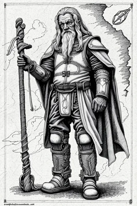 a black and white drawing of a man with a sword