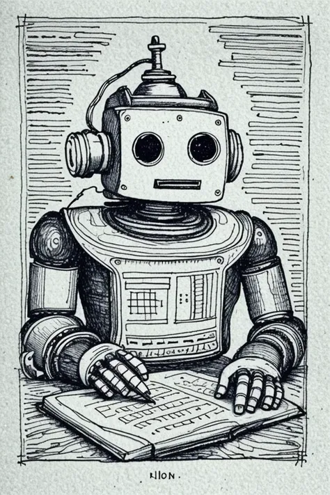 a drawing of a robot sitting at a desk with a keyboard