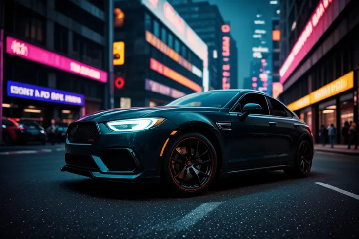 a close up of a car driving down a city street at night