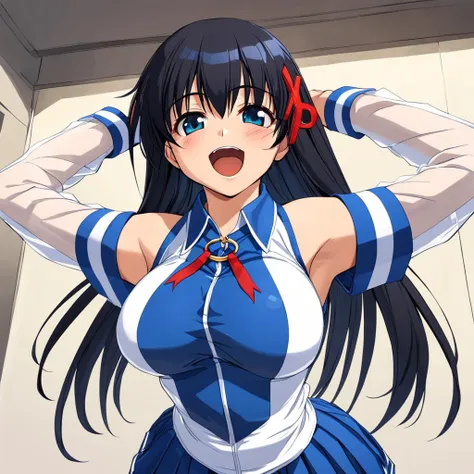 anime girl with long black hair and blue dress posing for camera