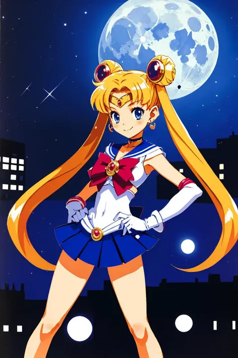 a woman in a sailor outfit standing in front of a full moon