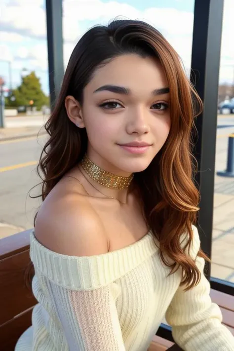 rachelzegler piercing eyes, looking straight, very happy,long hair, wearing an off-shoulder sweater, choker, closeup portrait, in a outdoor cafe in 2015, afternoon light