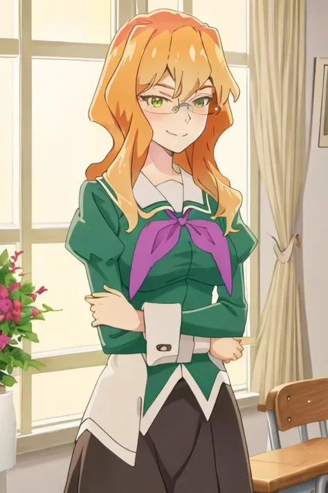 best quality, masterpiece, highres, solo, {chibana_sumika_watashinoyuriwaoshigotodesu:1.15}, long_hair, blonde_hair, glasses, green_eyes, smile, 1girl, orange_hair, school_uniform, window