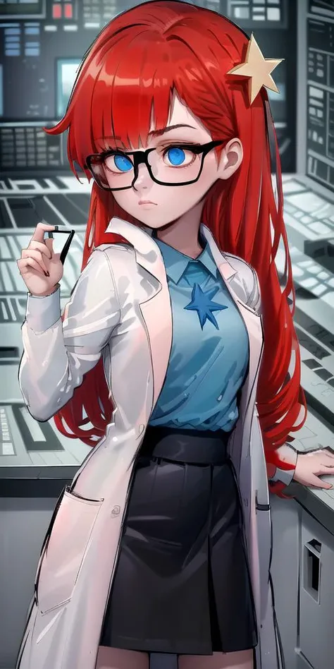 (((Ultra-HD, Ultra-HD-details))) <lora:Susan_Test_Leaf1:1> Susan-test, glasses, long-hair, red-hair, labcoat, black-skirt, blue-eyes, star-hair-ornament , hair-ornament, blue-shirt, lab-interior