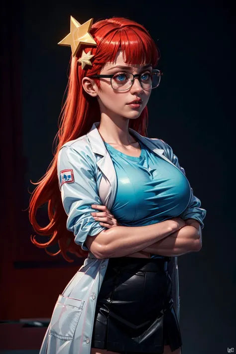 (ultra realistic,32k, masterpiece:1.2),(high detailed skin:1.1),( high quality:1.1),
<lora:Susan_Test_Leaf1:0.8>Susan test,wince, glasses, long hair, red hair, labcoat, black skirt, blue eyes, star hair ornament ,hair ornament, blue shirt,blank background ...