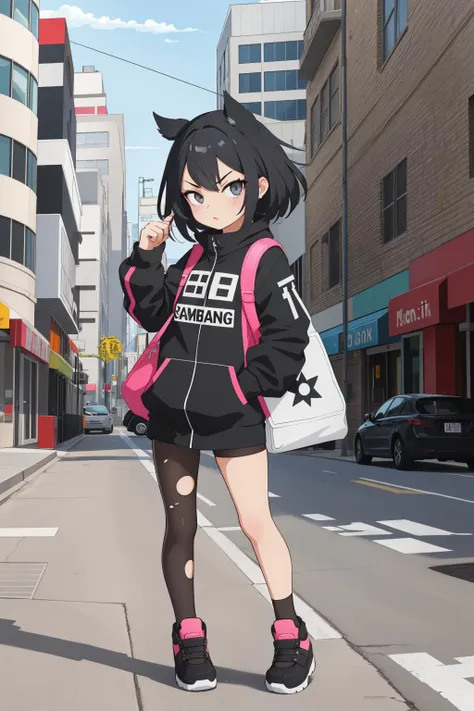 anime girl in a black and pink outfit standing on a city street