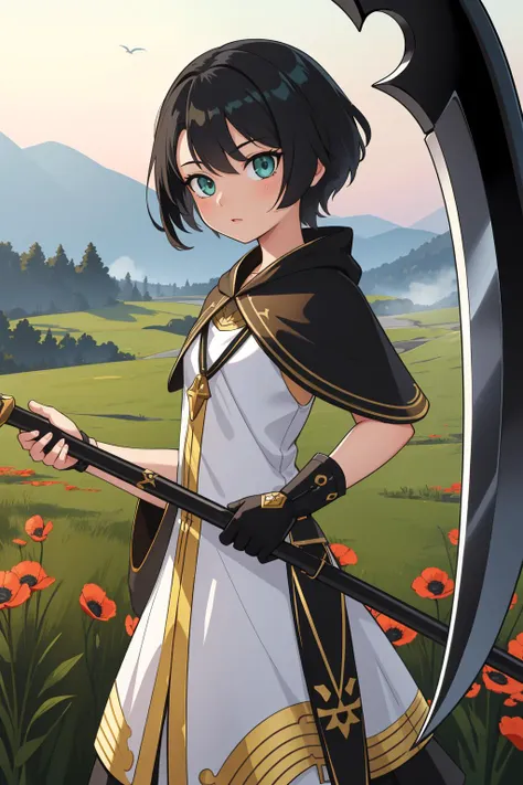 a woman in a white dress holding a scythe in a field