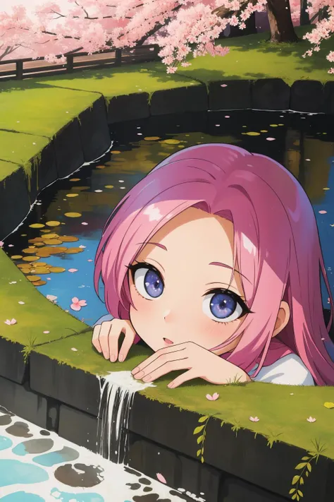 anime girl leaning over a wall looking at a pond