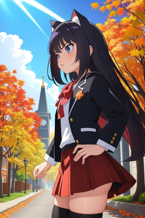 a woman in a school uniform standing on a street with trees in the background