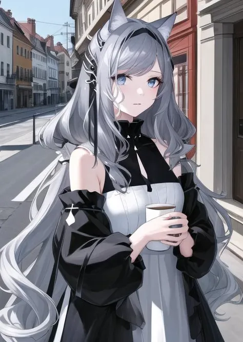 masterpiece, best quality, highres, 1girl, town background ,golding, shoulderless dress , black hairband, grey hair, long hair, black jacket, cat ears, blue ribbon, grey hair, <lyco:goldingg-000015:0.88>,holding a cup of coff