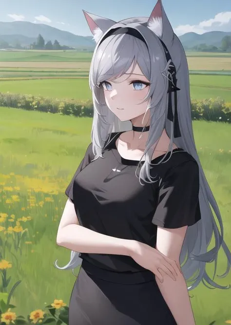 masterpiece, best quality, highres, 1girl, farmfield background ,golding ,black  pencil skirt, t-shirt, black hairband, grey hair, long hair, cat ears,  <lyco:goldingg-000015:0.6>