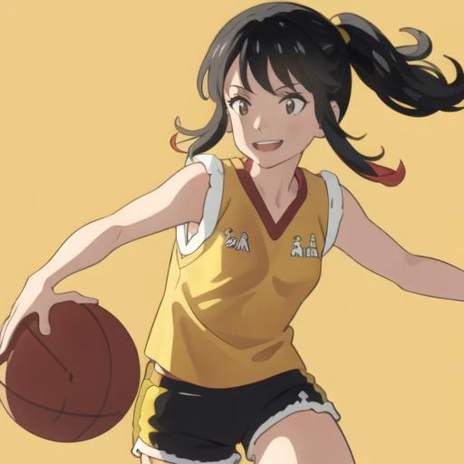 <lora:basket-06:1>, b4sk3t, 1girl," black hair", "yellow shirt", sleeveless, red short shorts, smiling, ball