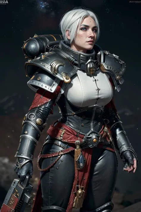 (8k uhd, masterpiece, best quality, high quality, absurdres, ultra-detailed),  beautiful face, space marine, armor, <lora:WH40KSisters_V2rank8:1> , adepta sororitas, curvy, white hair