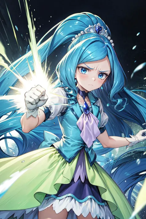 masterpiece,best quality,1girl,cure fontaine,blue hair,very long hair,blue eyes,tiara,white gloves,ascot,brooch,vest,choker,long dress,(serious,light frown),fighting stance,action pose,attack,incoming attack,punching,(motion lines,motion blur),shockwave,bl...