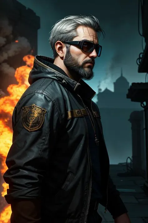 a man in a black jacket and sunglasses standing in front of a fire